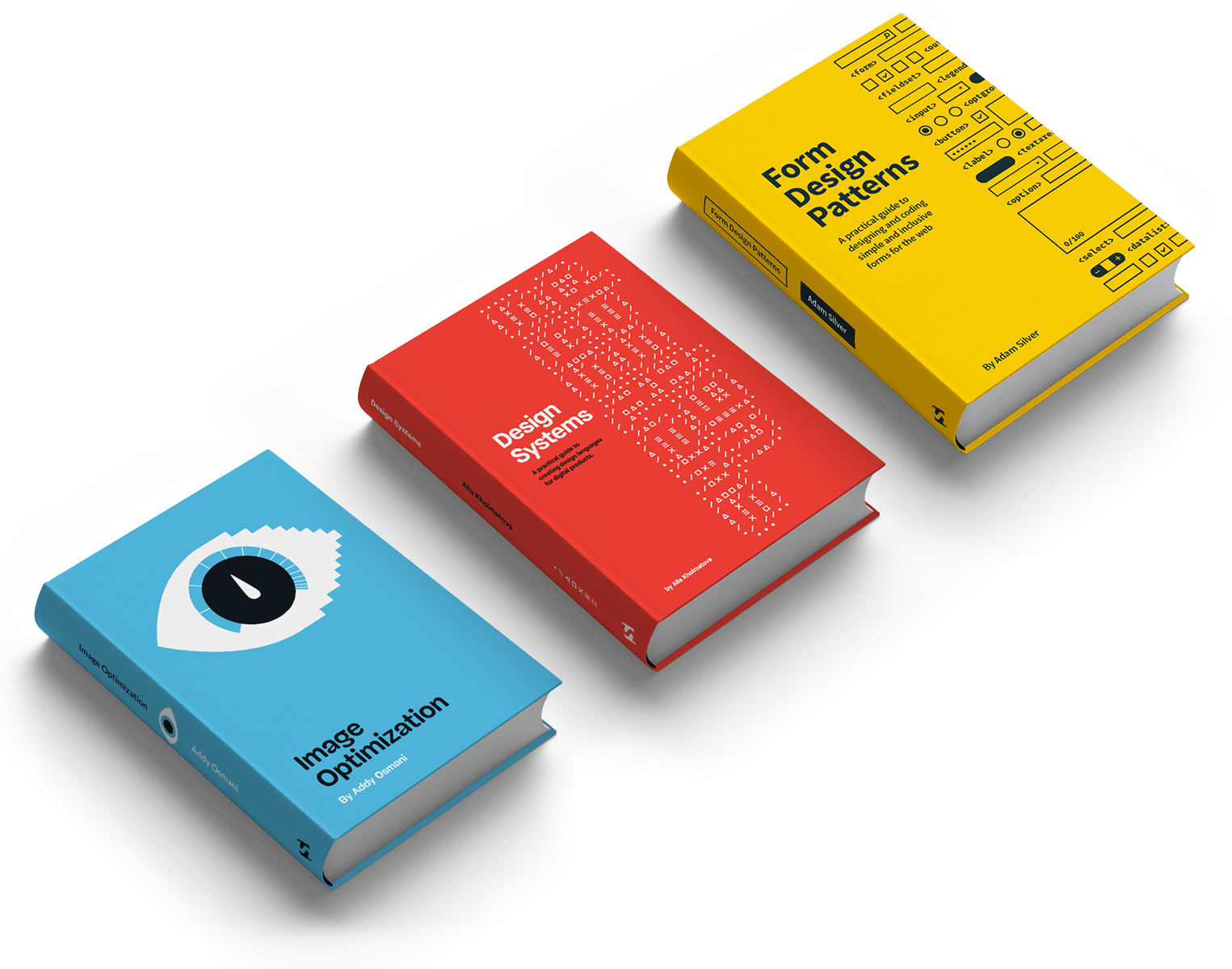 book covers for image optimisation, design systems, and form design patterns, side by side