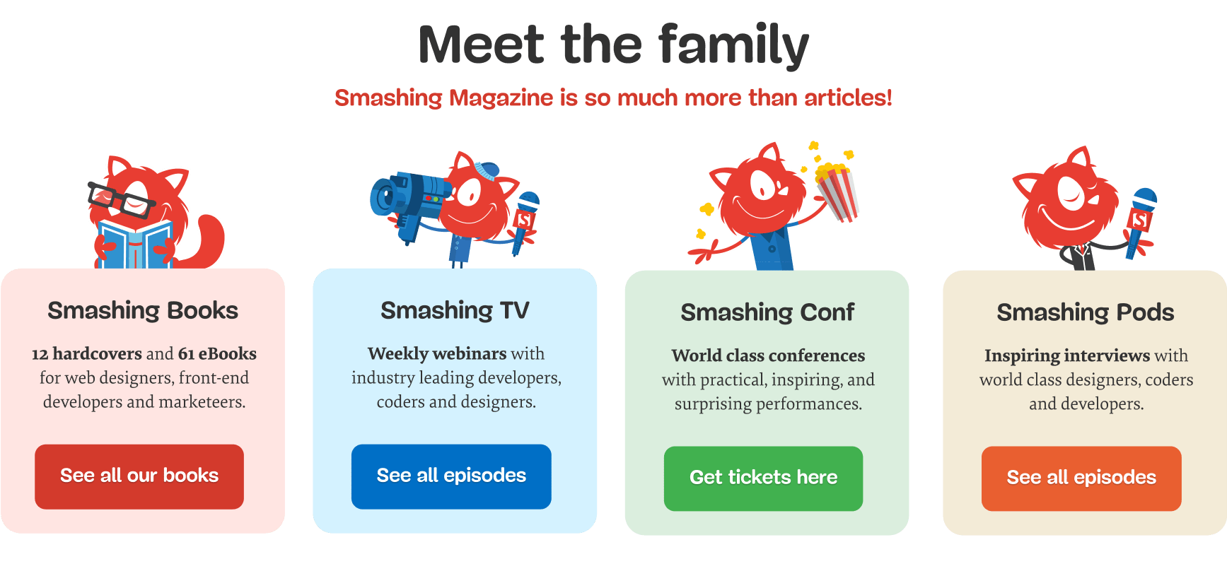 Group of calls to action for the Smashing family of products