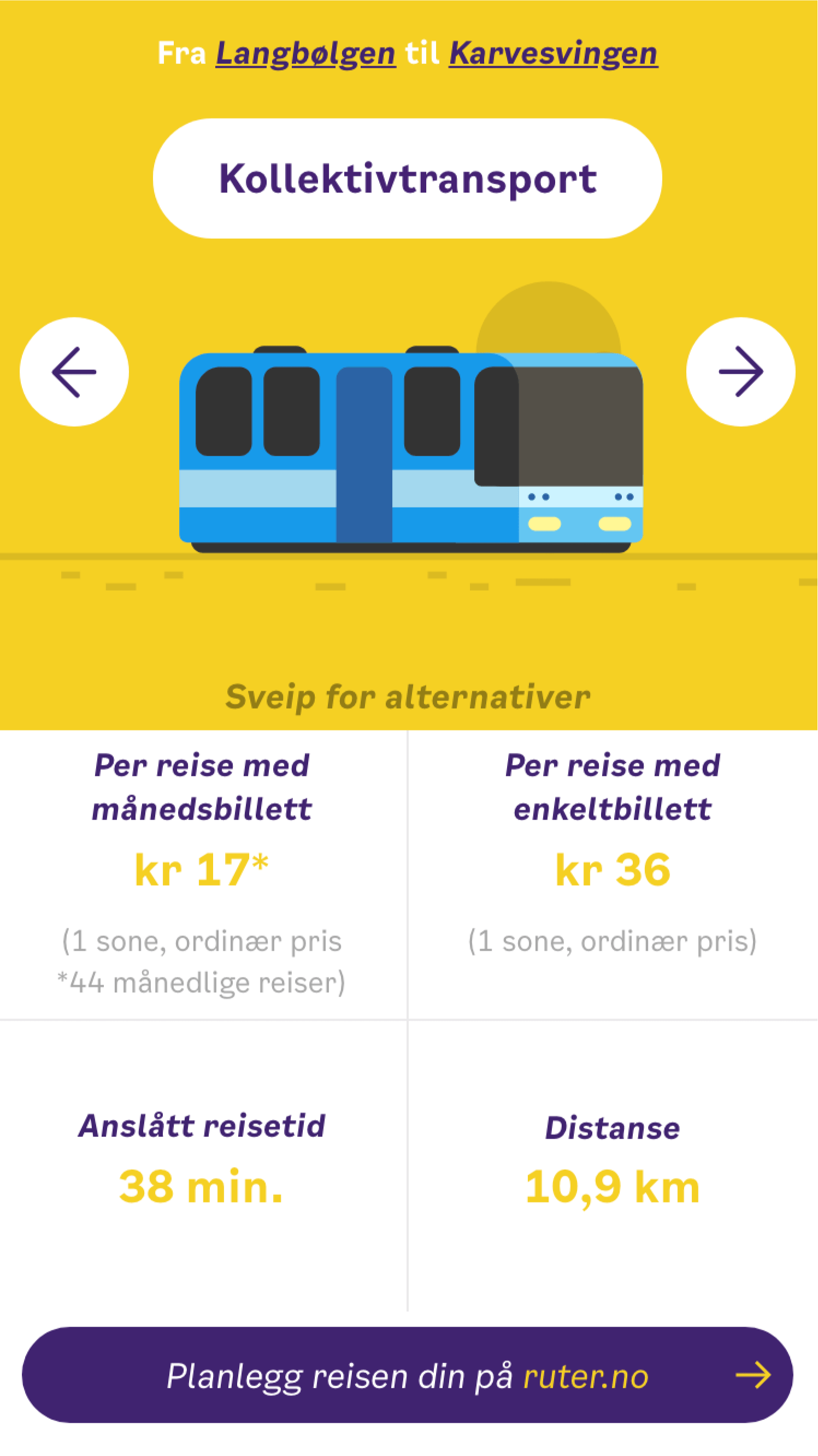 mobile interface showing costs of public transport commute